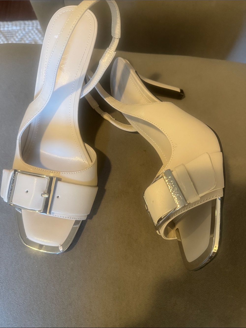 DKNY Cream Patent Slingback Heels with Buckle & Metallic Trim